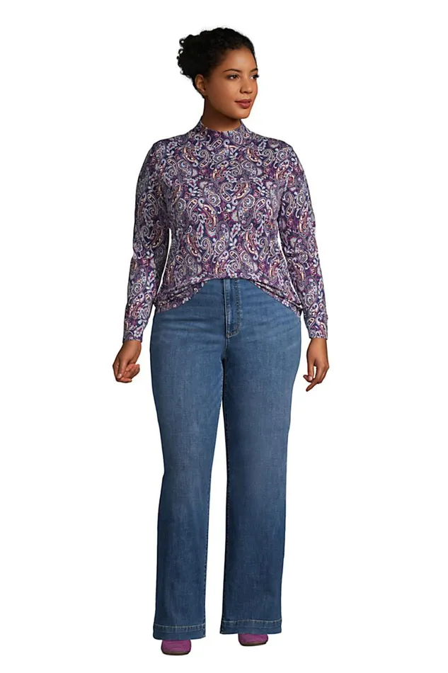 Lands039 End Tops and Tees Women Plus Size Relaxed Cotton Long Sleeve Mock Turtleneck Deep Sea Navy Paisley