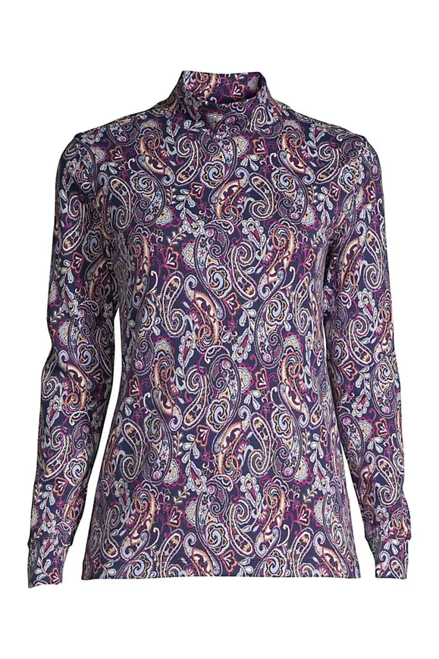 Lands039 End Tops and Tees Women Plus Size Relaxed Cotton Long Sleeve Mock Turtleneck Deep Sea Navy Paisley