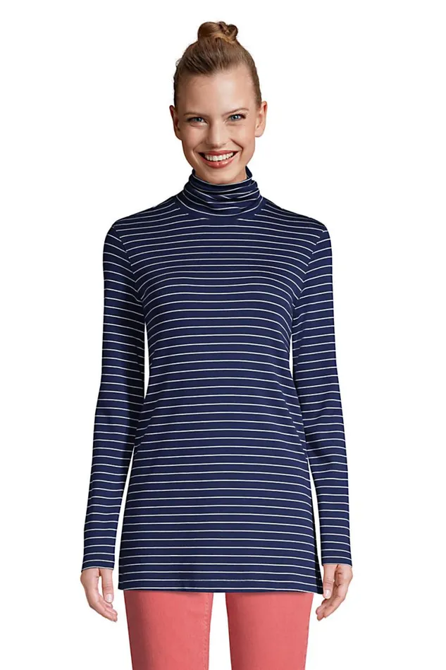 Lands039 End Tops and Tees Women Supima Cotton Long Sleeve Stripe Turtleneck Tunic Deep Sea Navy Stripes Lands039 End Tops and Tees Women Supima Cotton Long Sleeve Stripe Turtleneck Tunic Deep Sea Navy Stripes