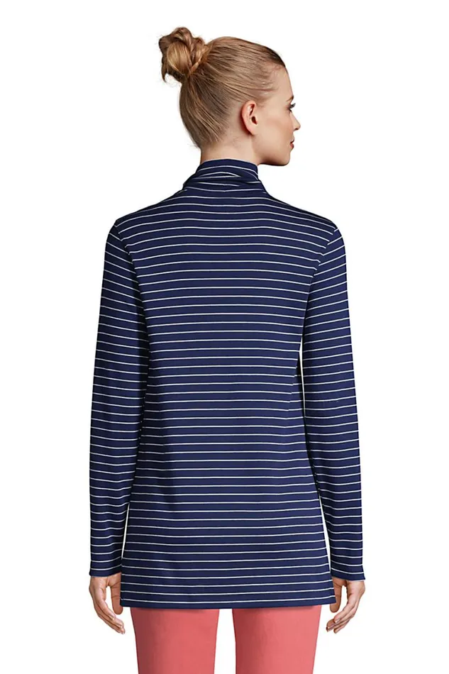Lands039 End Tops and Tees Women Supima Cotton Long Sleeve Stripe Turtleneck Tunic Deep Sea Navy Stripes