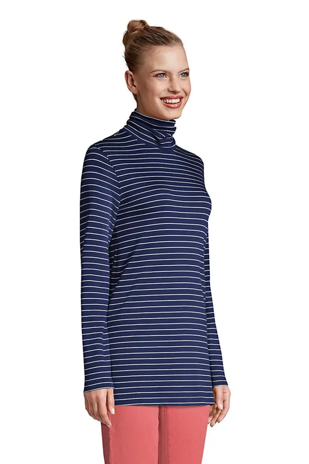 Lands039 End Tops and Tees Women Supima Cotton Long Sleeve Stripe Turtleneck Tunic Deep Sea Navy Stripes