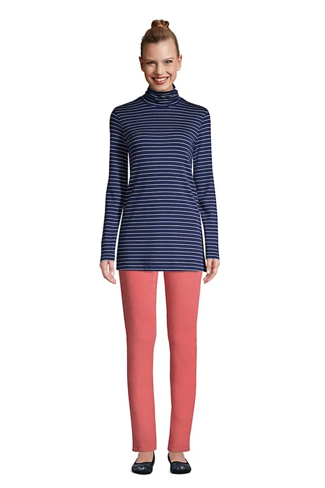 Lands039 End Tops and Tees Women Supima Cotton Long Sleeve Stripe Turtleneck Tunic Deep Sea Navy Stripes