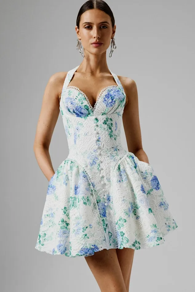Lavish Alice ALine Dresses CARA Micro Button And Loop Detail Volume Flared Mini Dress In Floral Broderie Floral B 8211 Women Lavish Alice ALine Dresses CARA Micro Button And Loop Detail Volume Flared Mini Dress In Floral Broderie Floral B 8211 Women