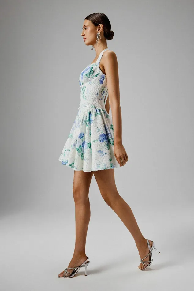 Lavish Alice ALine Dresses CARA Micro Button And Loop Detail Volume Flared Mini Dress In Floral Broderie Floral B 8211 Women