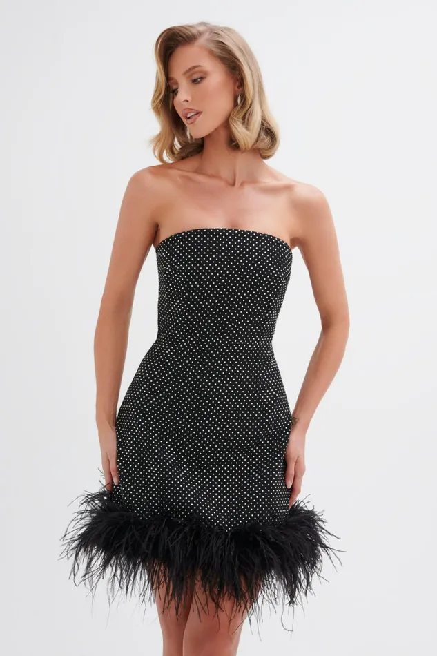 Lavish Alice ALine Dresses CHLOE Crystal Embellished Feather Hem Mini Dress In Black Black 8211 Women