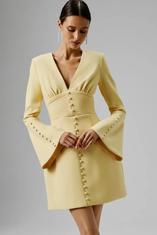 Lavish Alice ALine Dresses LARA Fluted Sleeve Micro Shell Button Mini Dress In Yellow Yellow 8211 Women Lavish Alice ALine Dresses LARA Fluted Sleeve Micro Shell Button Mini Dress In Yellow Yellow 8211 Women