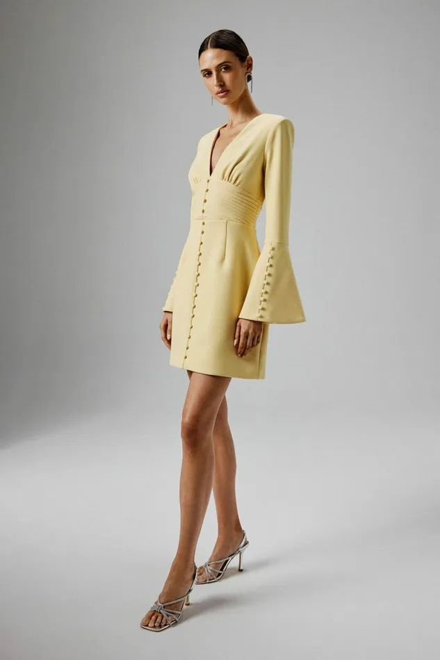 Lavish Alice ALine Dresses LARA Fluted Sleeve Micro Shell Button Mini Dress In Yellow Yellow 8211 Women