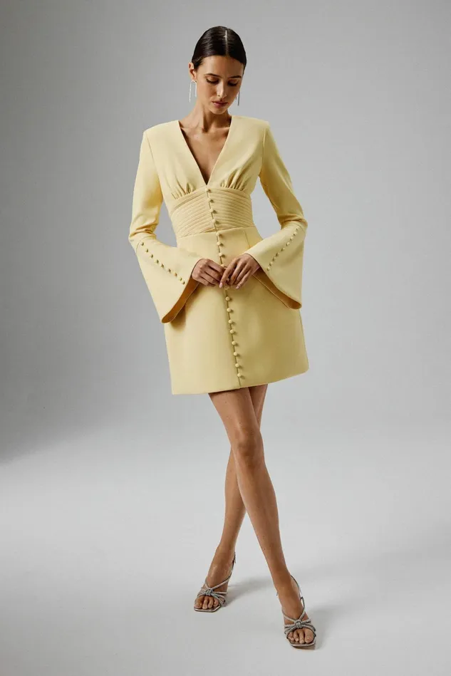 Lavish Alice ALine Dresses LARA Fluted Sleeve Micro Shell Button Mini Dress In Yellow Yellow 8211 Women