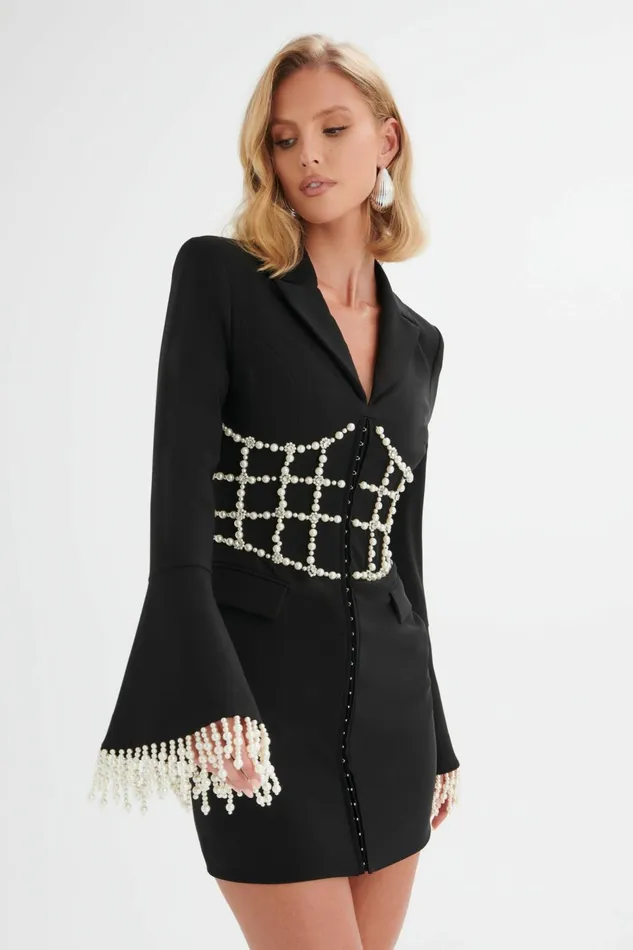Lavish Alice Blazer Dresses CLARA Pearl Embellished Mini Blazer Dress In Black Black 8211 Women