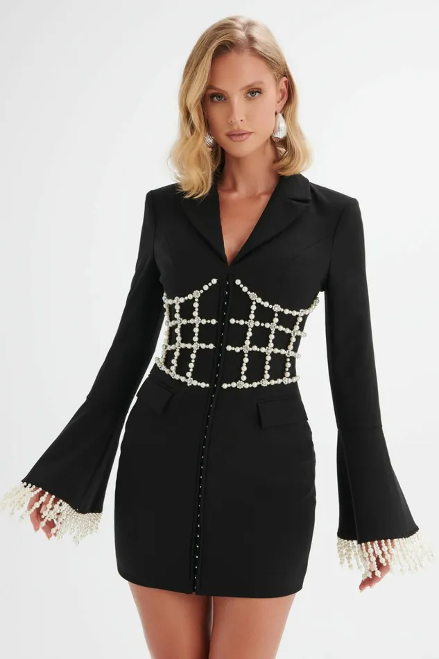 Lavish Alice Blazer Dresses CLARA Pearl Embellished Mini Blazer Dress In Black Black 8211 Women