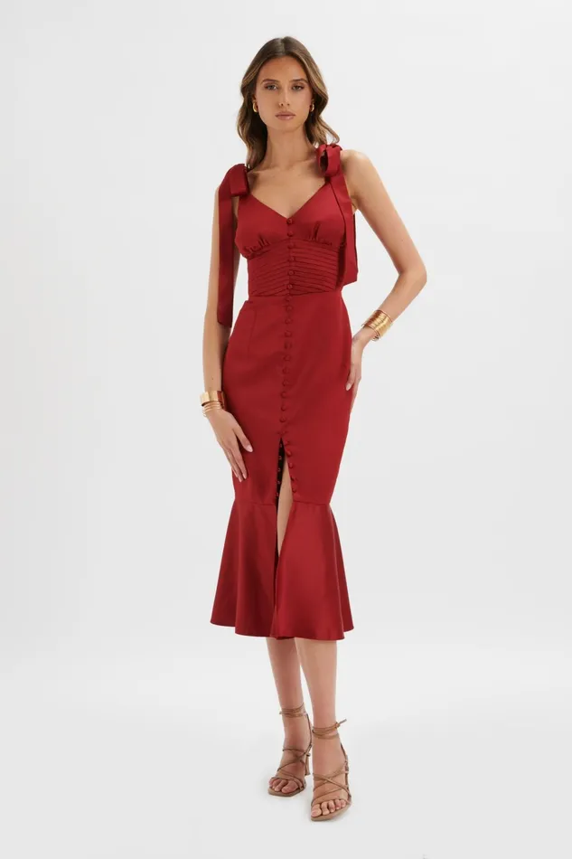 Lavish Alice Bodycon Dresses KAMILA Tie Strap Micro Button Satin Midi Dress In Burgundy Burgundy 8211 Women Lavish Alice Bodycon Dresses KAMILA Tie Strap Micro Button Satin Midi Dress In Burgundy Burgundy 8211 Women