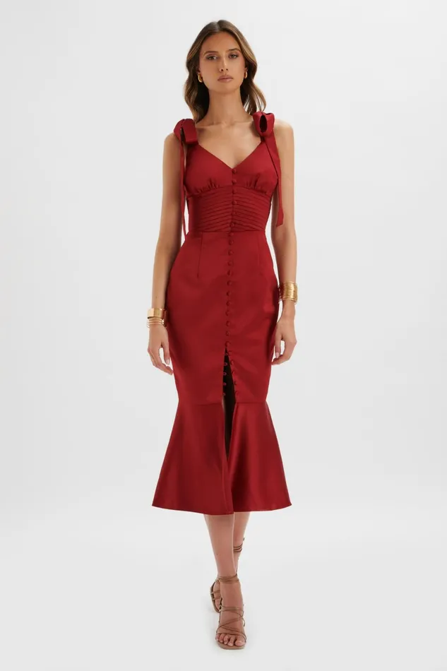 Lavish Alice Bodycon Dresses KAMILA Tie Strap Micro Button Satin Midi Dress In Burgundy Burgundy 8211 Women