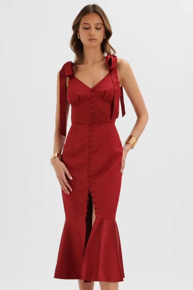 Lavish Alice Bodycon Dresses KAMILA Tie Strap Micro Button Satin Midi Dress In Burgundy Burgundy 8211 Women