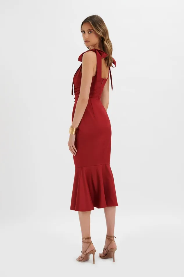 Lavish Alice Bodycon Dresses KAMILA Tie Strap Micro Button Satin Midi Dress In Burgundy Burgundy 8211 Women