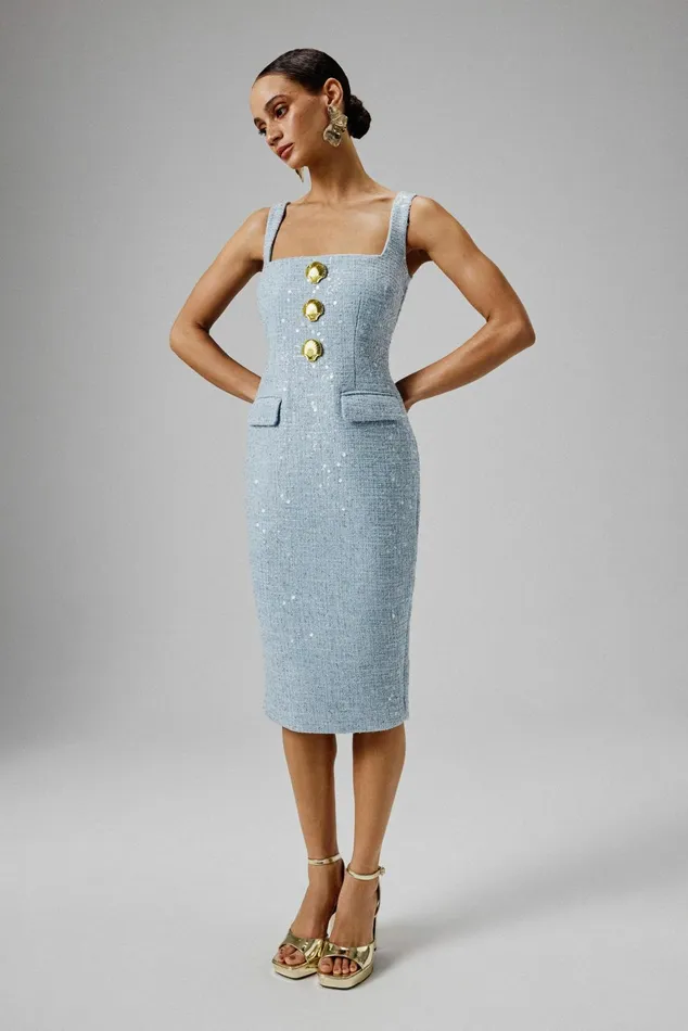 Lavish Alice Bodycon Dresses MARIE Square Neck Boucle Midi Dress With Shell Embellishment In Blue Blue 8211 Women Lavish Alice Bodycon Dresses MARIE Square Neck Boucle Midi Dress With Shell Embellishment In Blue Blue 8211 Women