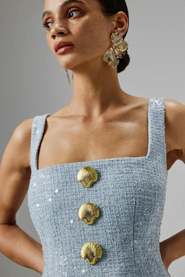 Lavish Alice Bodycon Dresses MARIE Square Neck Boucle Midi Dress With Shell Embellishment In Blue Blue 8211 Women