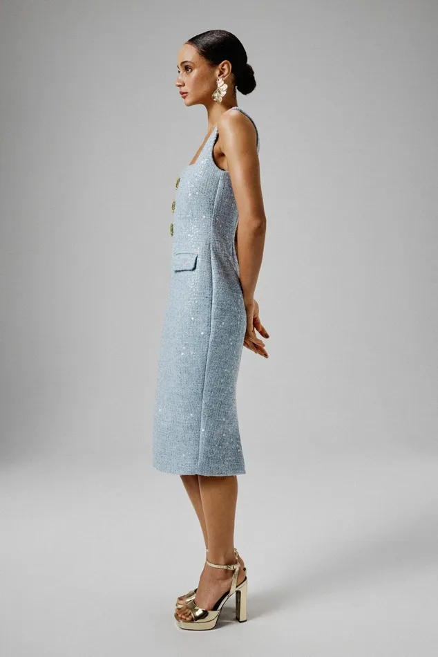 Lavish Alice Bodycon Dresses MARIE Square Neck Boucle Midi Dress With Shell Embellishment In Blue Blue 8211 Women