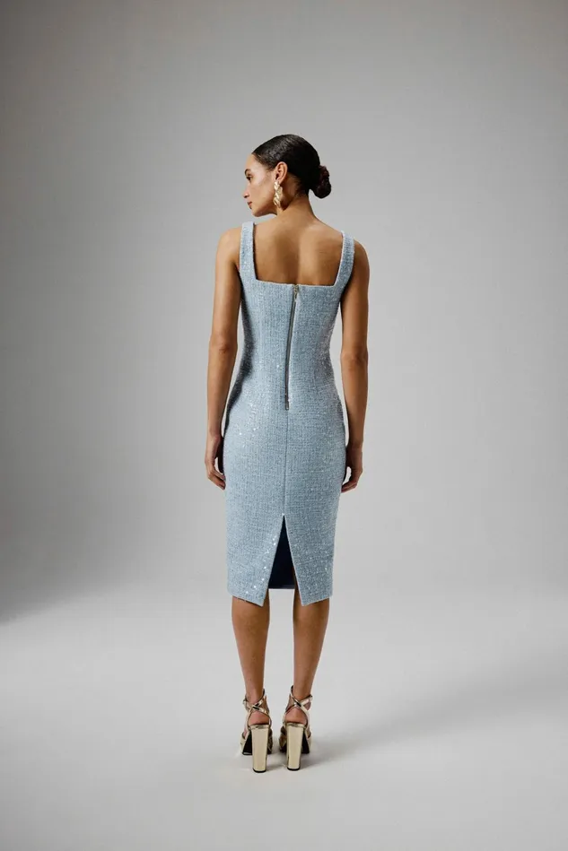 Lavish Alice Bodycon Dresses MARIE Square Neck Boucle Midi Dress With Shell Embellishment In Blue Blue 8211 Women