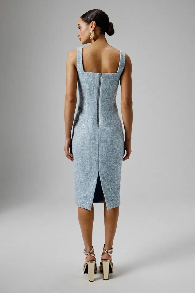 Lavish Alice Bodycon Dresses MARIE Square Neck Boucle Midi Dress With Shell Embellishment In Blue Blue 8211 Women