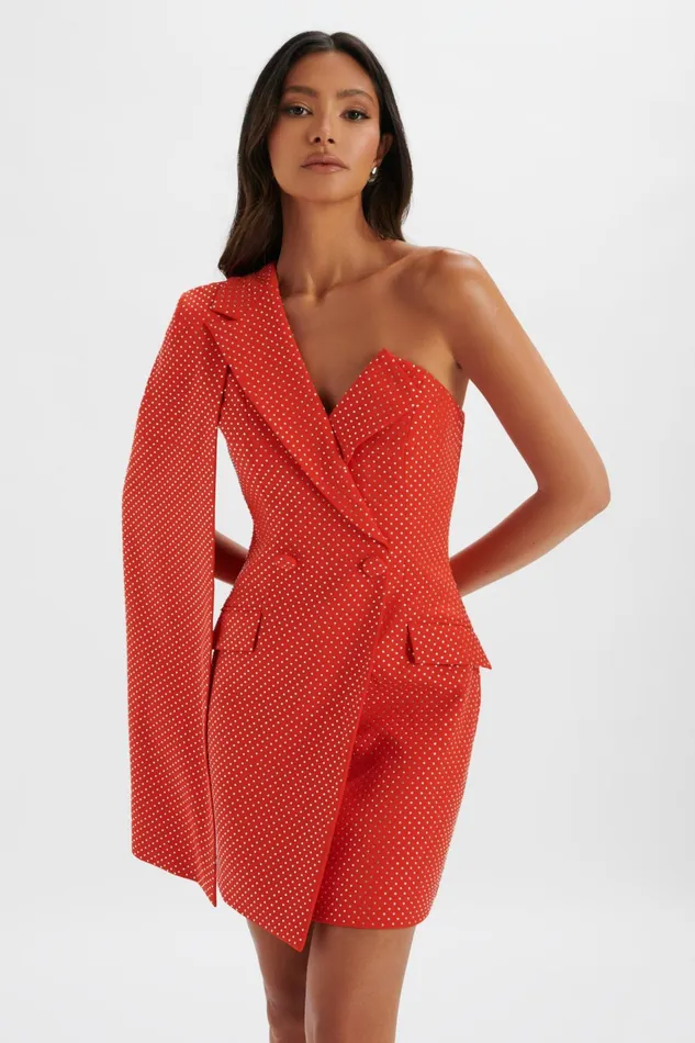 Lavish Alice Cape Dresses MARCY Crystal Embellished One Shoulder Cape Blazer Dress In Red Red 8211 Women