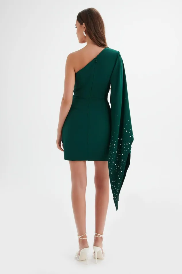 Lavish Alice Cape Dresses REMI One Shoulder Embellished Cape Mini Dress In Emerald Green Emerald Green 8211 Women