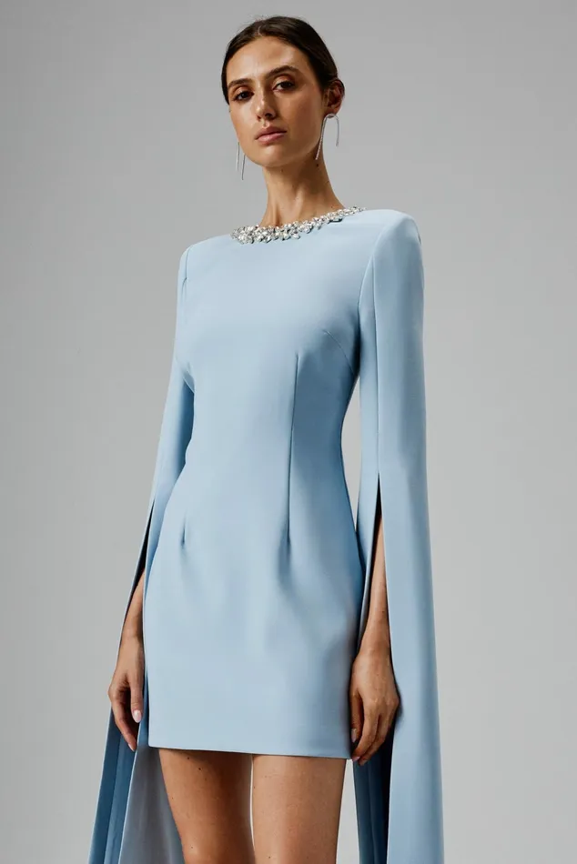 Lavish Alice Cape Dresses TILLY Cape Sleeve Mini Dress In Light Blue Light Blue 8211 Women