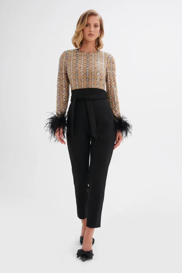 Lavish Alice Jumpsuits and Playsuits DELIA Embellished Feather Cuff Jumpsuit In Black Black 8211 Women Lavish Alice Jumpsuits and Playsuits DELIA Embellished Feather Cuff Jumpsuit In Black Black 8211 Women