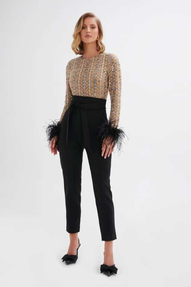 Lavish Alice Jumpsuits and Playsuits DELIA Embellished Feather Cuff Jumpsuit In Black Black 8211 Women