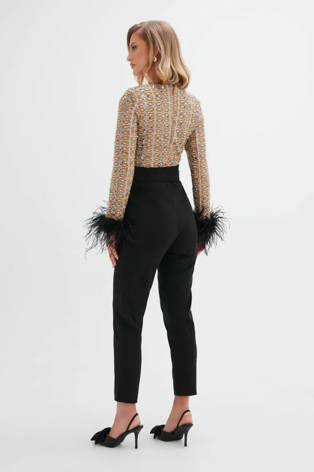 Lavish Alice Jumpsuits and Playsuits DELIA Embellished Feather Cuff Jumpsuit In Black Black 8211 Women