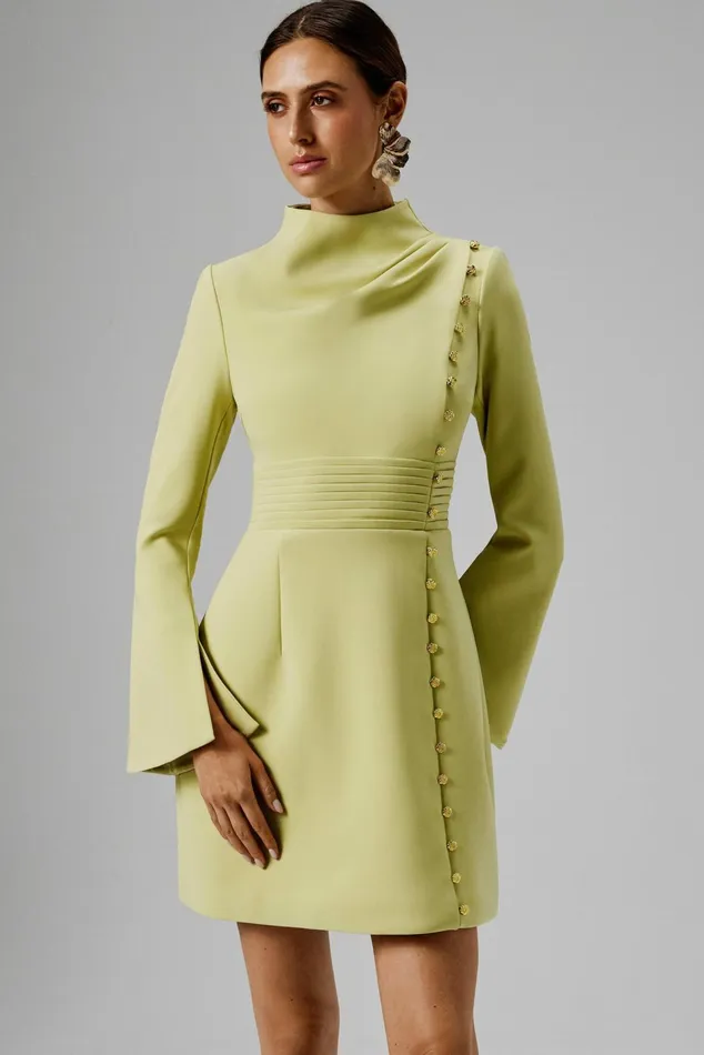 Lavish Alice LongSleeve Dresses GEMMA High Neck Rose Button Long Sleeve Mini Dress In Lime Lime 8211 Women Lavish Alice LongSleeve Dresses GEMMA High Neck Rose Button Long Sleeve Mini Dress In Lime Lime 8211 Women