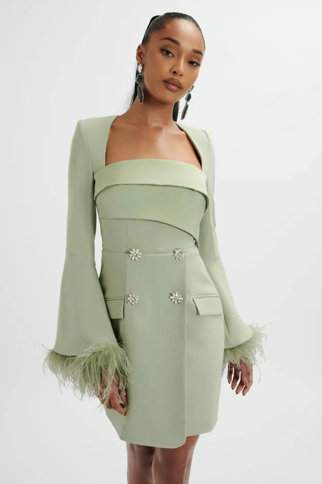 Lavish Alice LongSleeve Dresses IONA Fluted Feather Sleeve Blazer Dress In Sage Green Sage Green 8211 Women