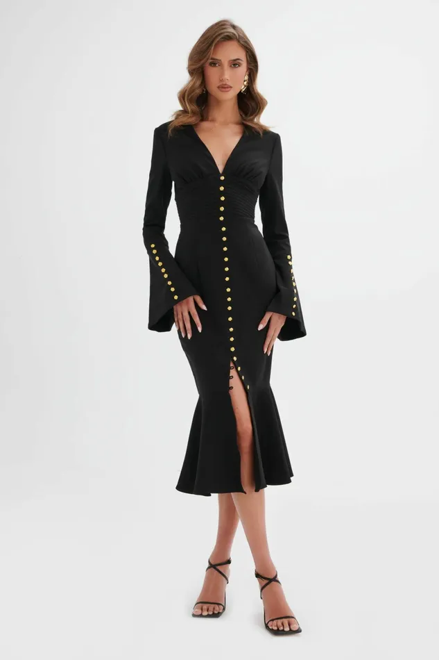 Lavish Alice LongSleeve Dresses SALMA Fluted Sleeve Rose Button Midi Dress In Black Black 8211 Women