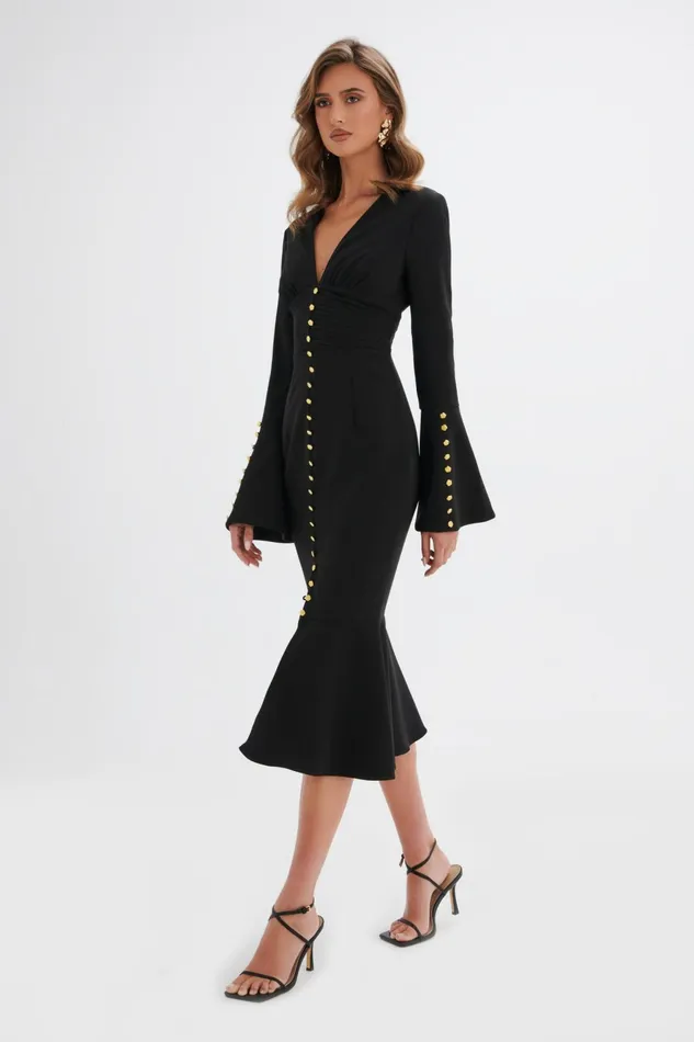 Lavish Alice LongSleeve Dresses SALMA Fluted Sleeve Rose Button Midi Dress In Black Black 8211 Women