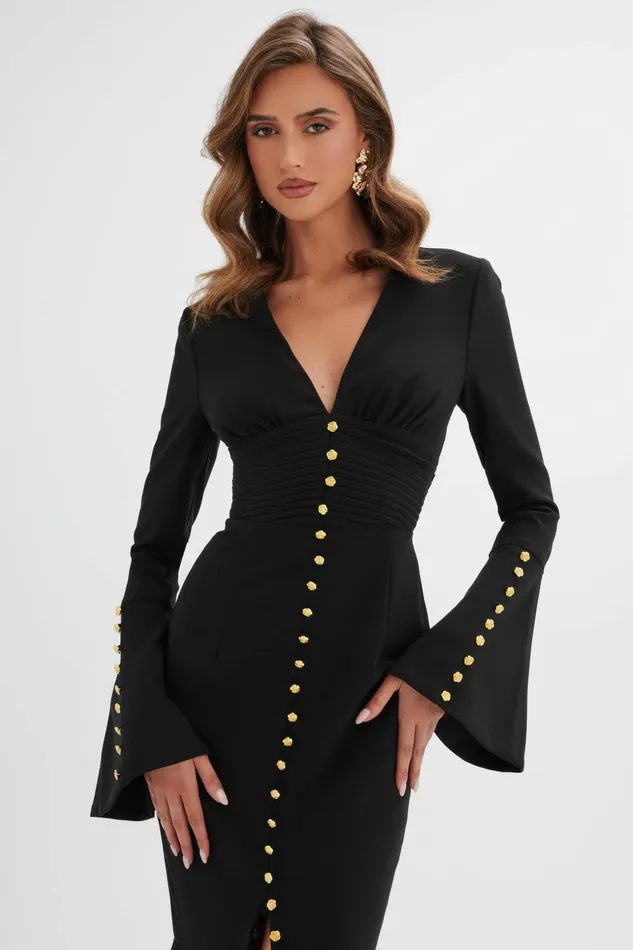 Lavish Alice LongSleeve Dresses SALMA Fluted Sleeve Rose Button Midi Dress In Black Black 8211 Women