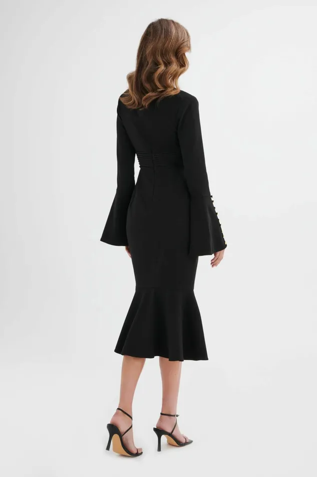 Lavish Alice LongSleeve Dresses SALMA Fluted Sleeve Rose Button Midi Dress In Black Black 8211 Women