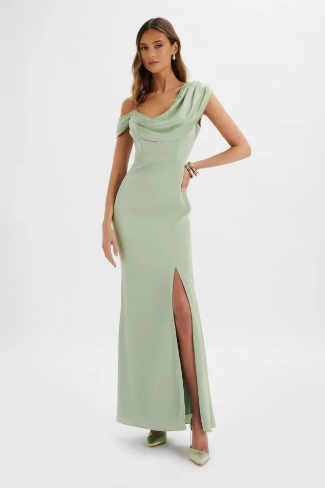 Lavish Alice Off The Shoulder and Bardot ANNABELLA Satin Asymmetric Drape Maxi Dress In Sage Green Sage Green 8211 Women Lavish Alice Off The Shoulder and Bardot ANNABELLA Satin Asymmetric Drape Maxi Dress In Sage Green Sage Green 8211 Women