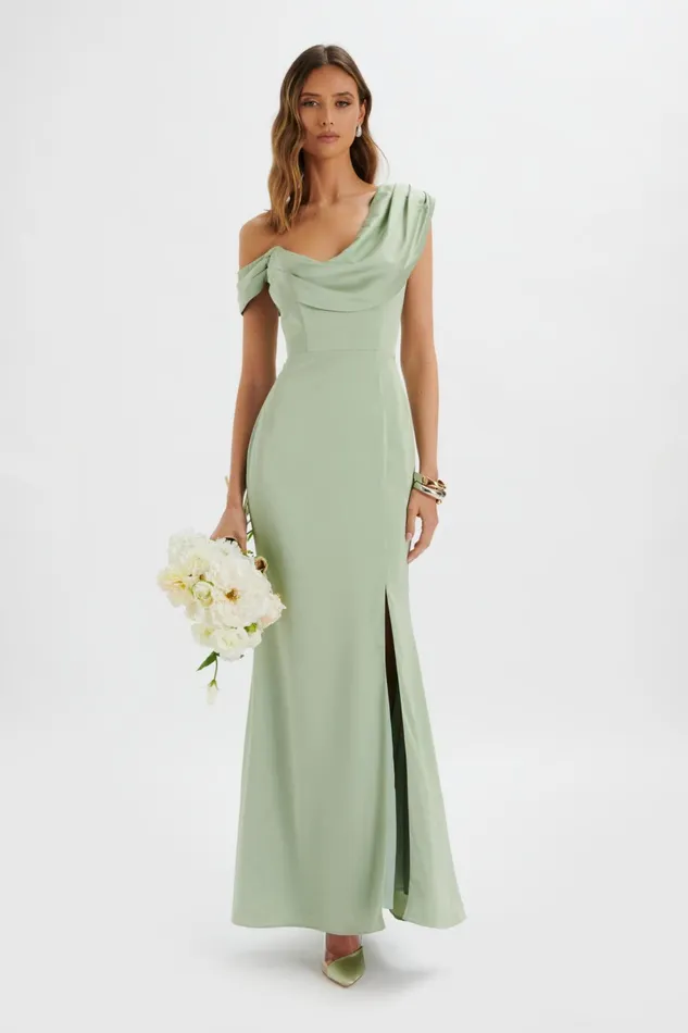 Lavish Alice Off The Shoulder and Bardot ANNABELLA Satin Asymmetric Drape Maxi Dress In Sage Green Sage Green 8211 Women