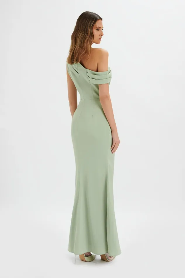 Lavish Alice Off The Shoulder and Bardot ANNABELLA Satin Asymmetric Drape Maxi Dress In Sage Green Sage Green 8211 Women