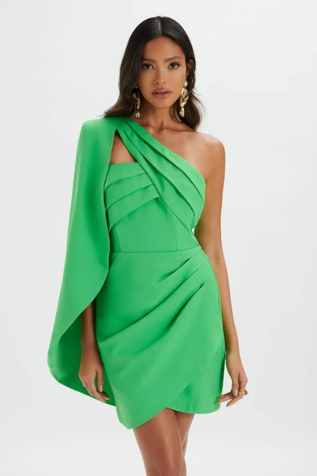 Lavish Alice Off The Shoulder and Bardot CHARLOTTE Pleated One Shoulder Cape Mini Dress In Green Green 8211 Women