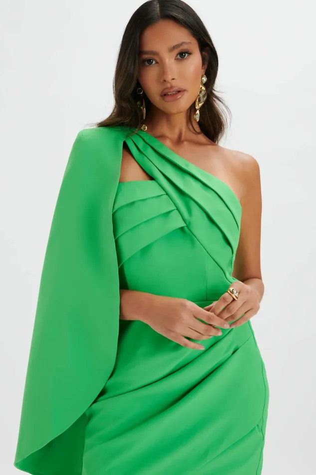 Lavish Alice Off The Shoulder and Bardot CHARLOTTE Pleated One Shoulder Cape Mini Dress In Green Green 8211 Women