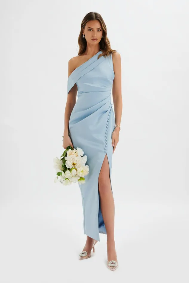 Lavish Alice Off The Shoulder and Bardot JOANNA Bonded Satin Pleated Maxi Dress In Dusty Blue Dusty Blue 8211 Women