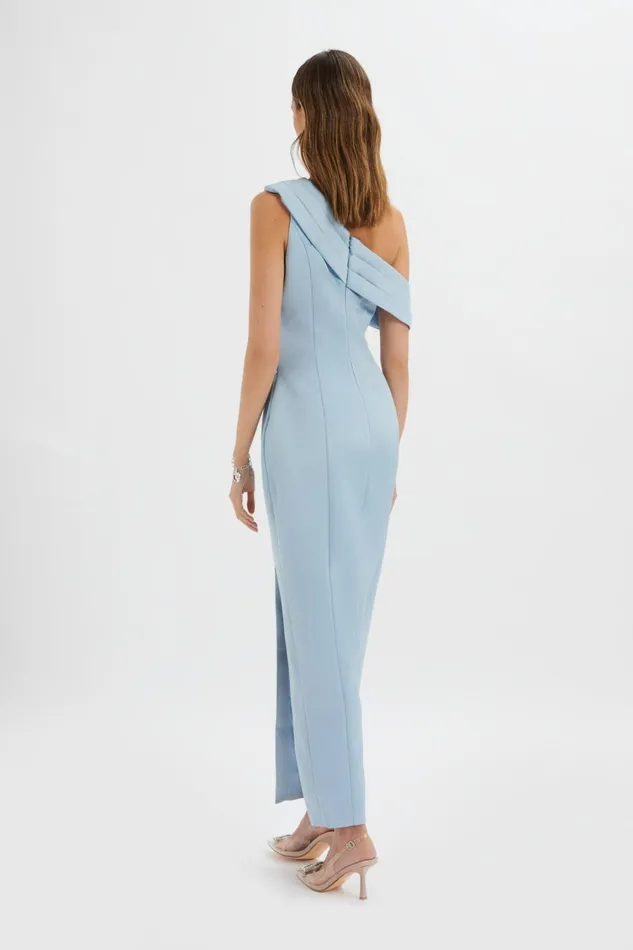 Lavish Alice Off The Shoulder and Bardot JOANNA Bonded Satin Pleated Maxi Dress In Dusty Blue Dusty Blue 8211 Women