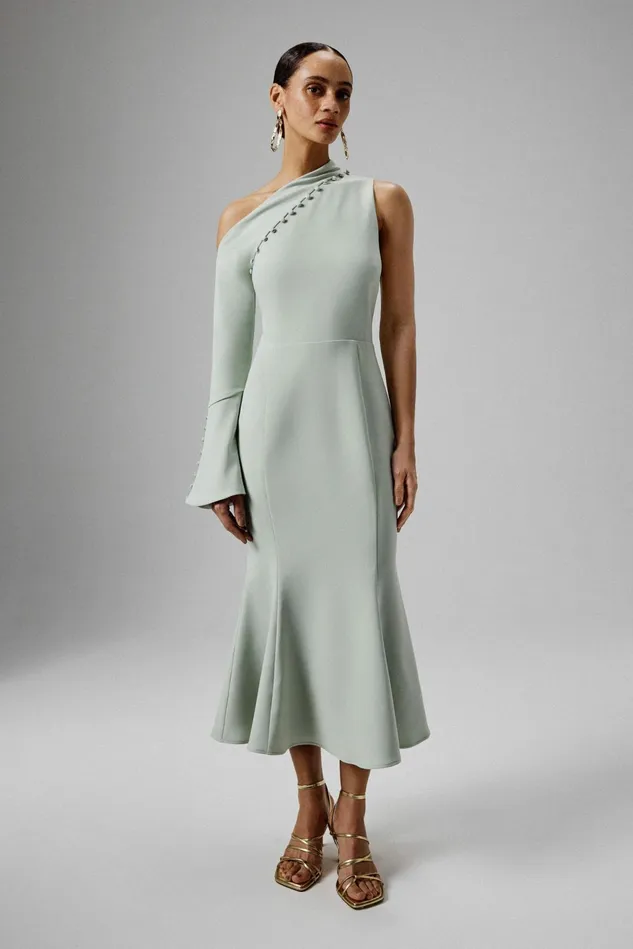Lavish Alice Off The Shoulder and Bardot MADDIE Asymmetric Split Shoulder Midi Dress In Sage Green Sage Green 8211 Women Lavish Alice Off The Shoulder and Bardot MADDIE Asymmetric Split Shoulder Midi Dress In Sage Green Sage Green 8211 Women