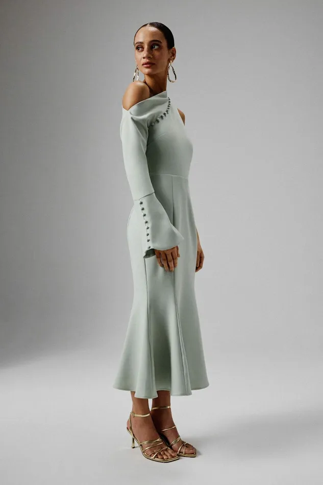 Lavish Alice Off The Shoulder and Bardot MADDIE Asymmetric Split Shoulder Midi Dress In Sage Green Sage Green 8211 Women