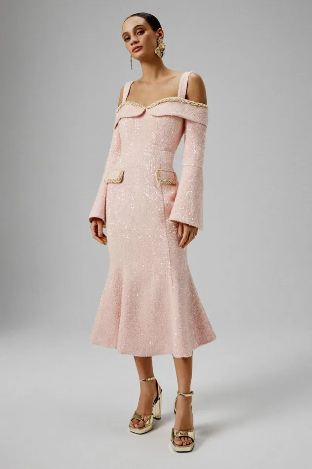 Lavish Alice Off The Shoulder and Bardot MANDI Sequin Boucle Bardot Long Midi Dress In Pink Pink 8211 Women Lavish Alice Off The Shoulder and Bardot MANDI Sequin Boucle Bardot Long Midi Dress In Pink Pink 8211 Women