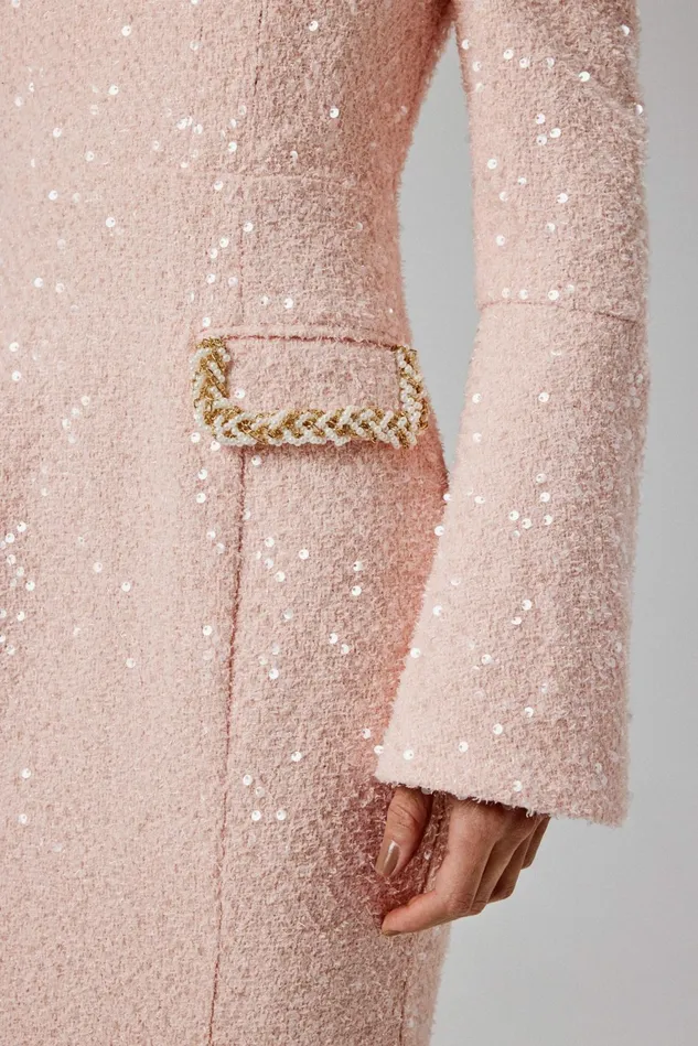 Lavish Alice Off The Shoulder and Bardot MANDI Sequin Boucle Bardot Long Midi Dress In Pink Pink 8211 Women