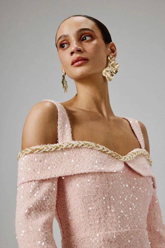 Lavish Alice Off The Shoulder and Bardot MANDI Sequin Boucle Bardot Long Midi Dress In Pink Pink 8211 Women