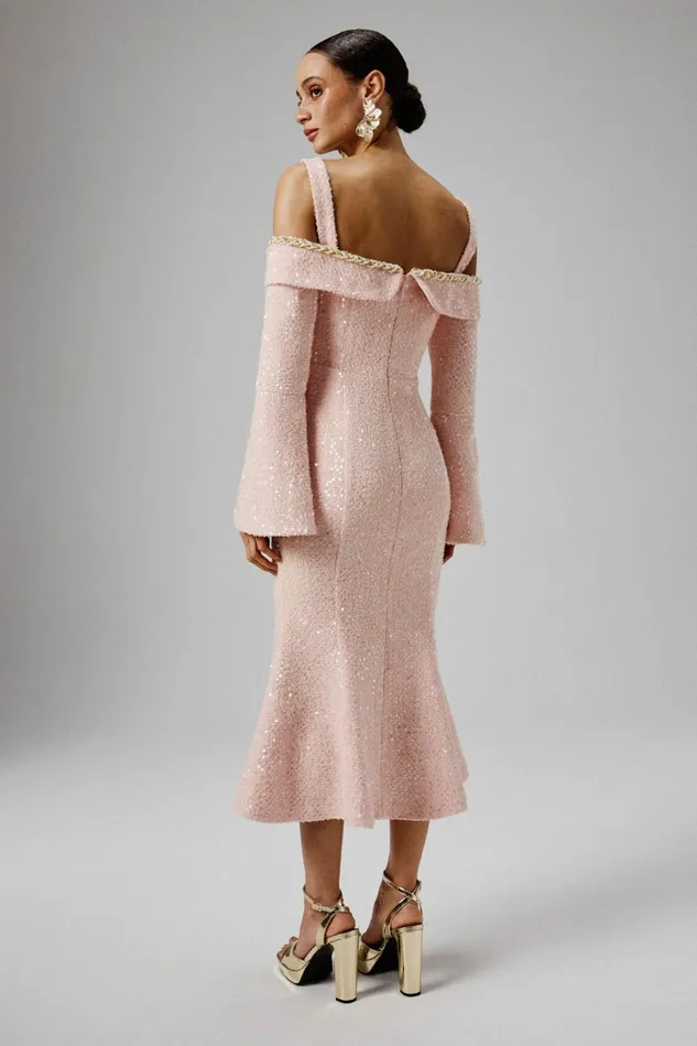 Lavish Alice Off The Shoulder and Bardot MANDI Sequin Boucle Bardot Long Midi Dress In Pink Pink 8211 Women