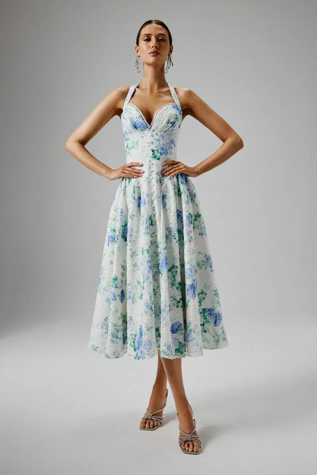 Lavish Alice Slip Dresses HALEY Micro Button And Loop Detail Volume Flared Midi Dress In Floral Broderie Floral 8211 Women