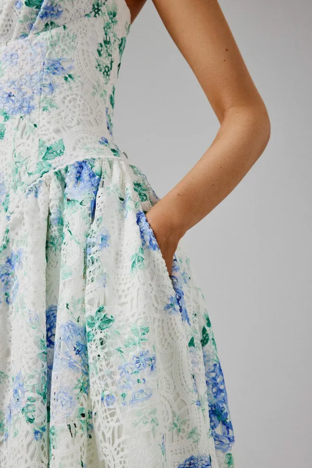 Lavish Alice Slip Dresses HALEY Micro Button And Loop Detail Volume Flared Midi Dress In Floral Broderie Floral 8211 Women